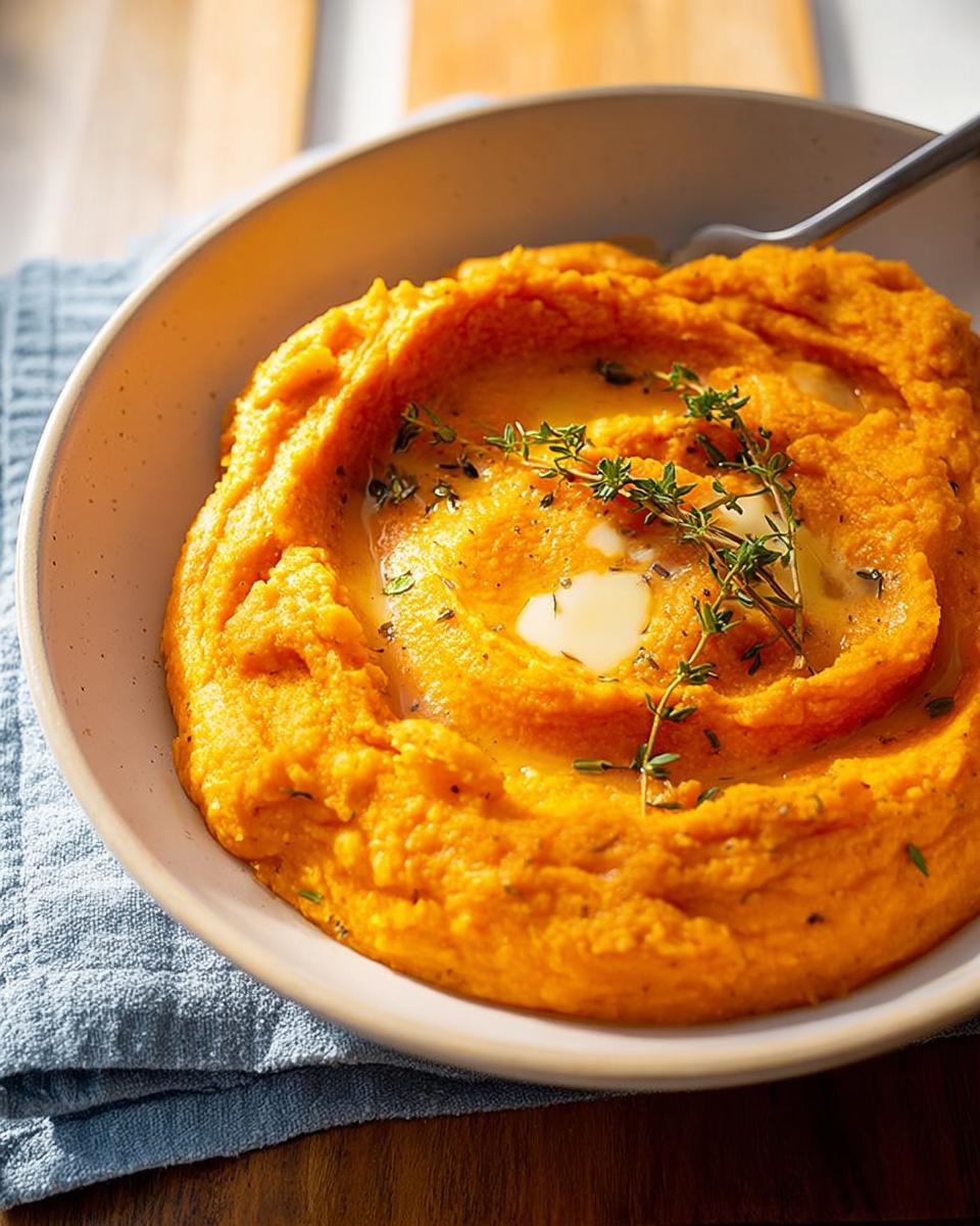 A close-up of creamy Maple Sweet Potato Mash in a bowl, topped with melting butter and fresh thyme.