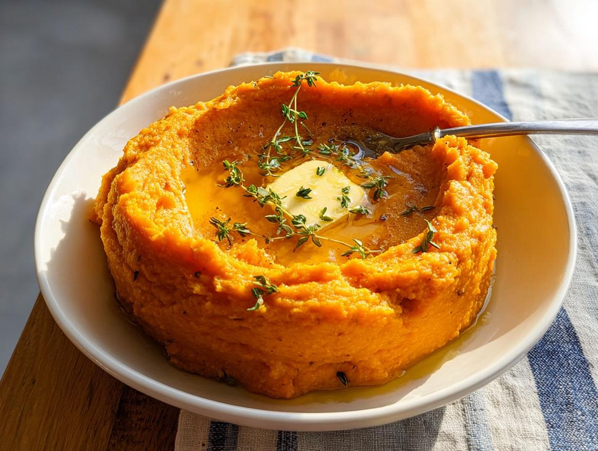 A bowl of creamy Maple Sweet Potato Mash topped with melted butter, fresh thyme, and a spoon.