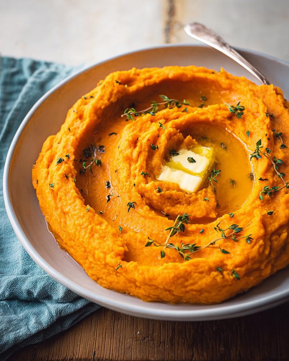 A bowl of creamy Maple Sweet Potato Mash topped with melting butter and fresh thyme sprigs.