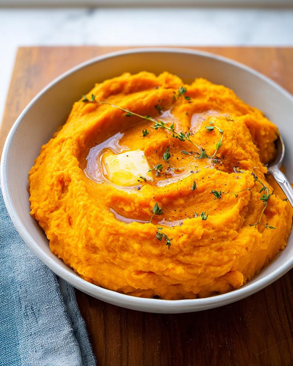A bowl of creamy Maple Sweet Potato Mash topped with melting butter and fresh thyme.