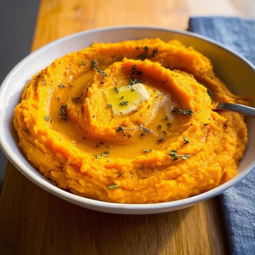 Close-up of creamy maple sweet potato mash topped with melting butter and fresh thyme.