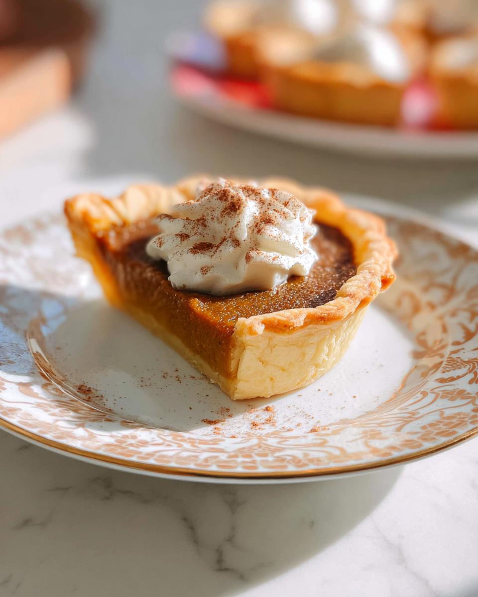 A slice of mini pumpkin pie topped with whipped cream and cinnamon, served on a decorative plate.