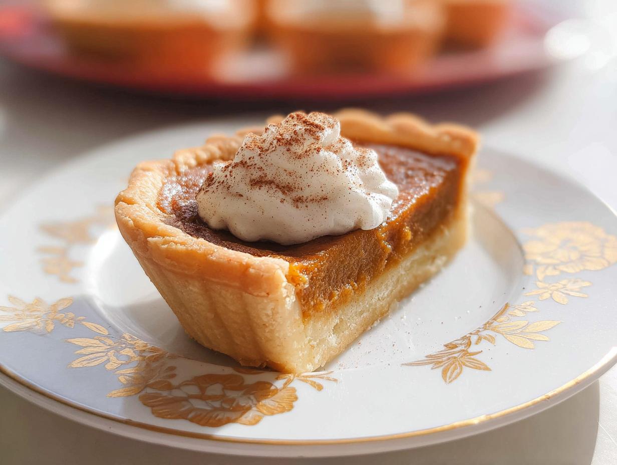 A delicious slice of mini pumpkin pie topped with whipped cream and a sprinkle of cinnamon.