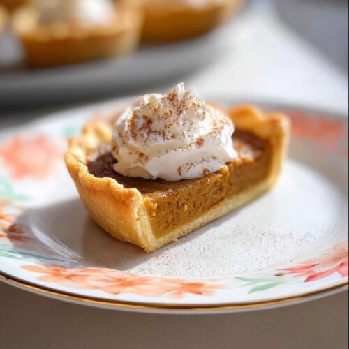 A slice of mini pumpkin pie topped with whipped cream and cinnamon, served on a floral plate.