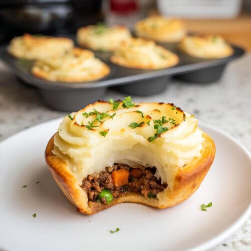 A bite taken out of a Mini Shepherd's Pie, revealing a savory meat and vegetable filling topped with piped mashed potatoes and parsley.