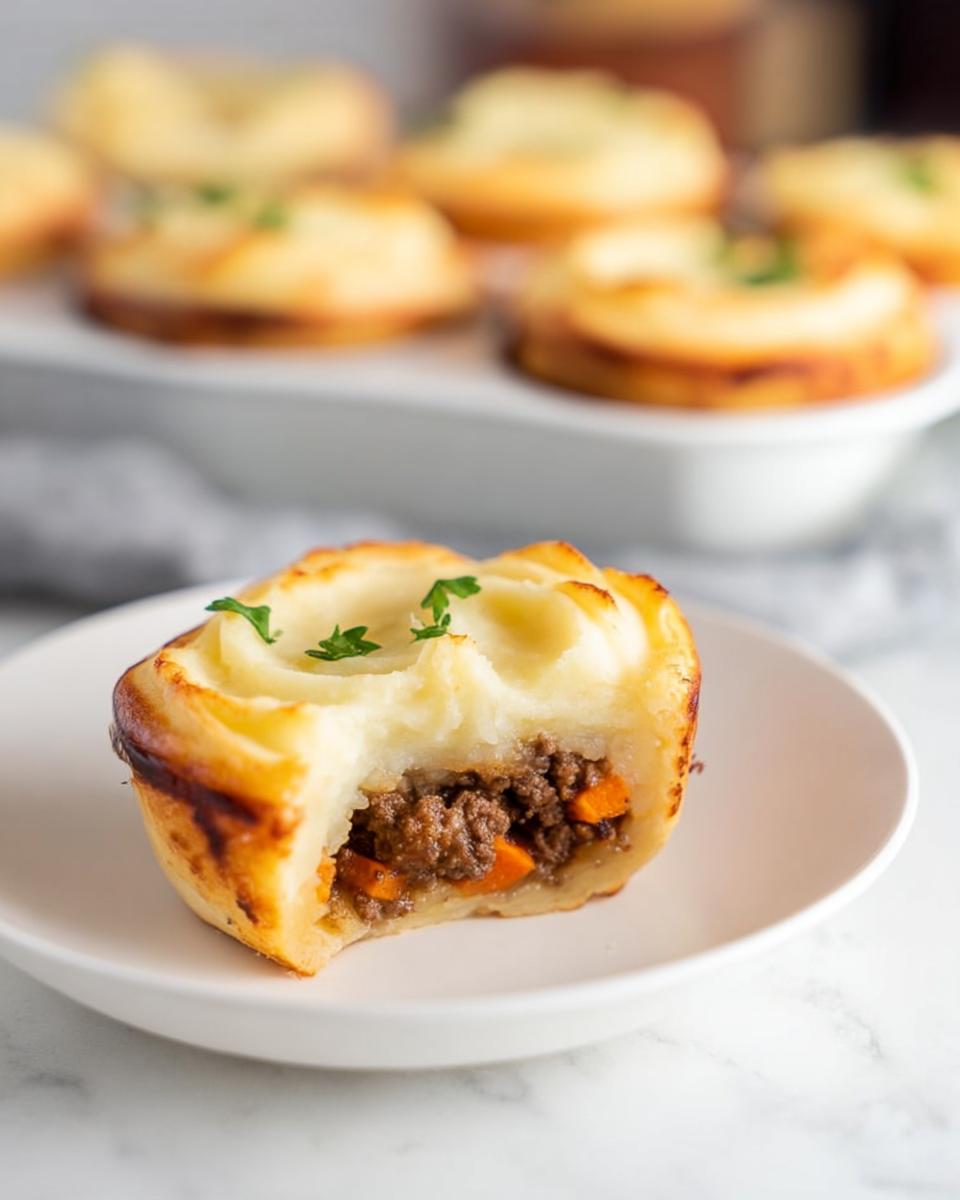 A close-up of a Mini Shepherd's Pie with a bite taken out, showing the savory meat and carrot filling and creamy mashed potato topping.