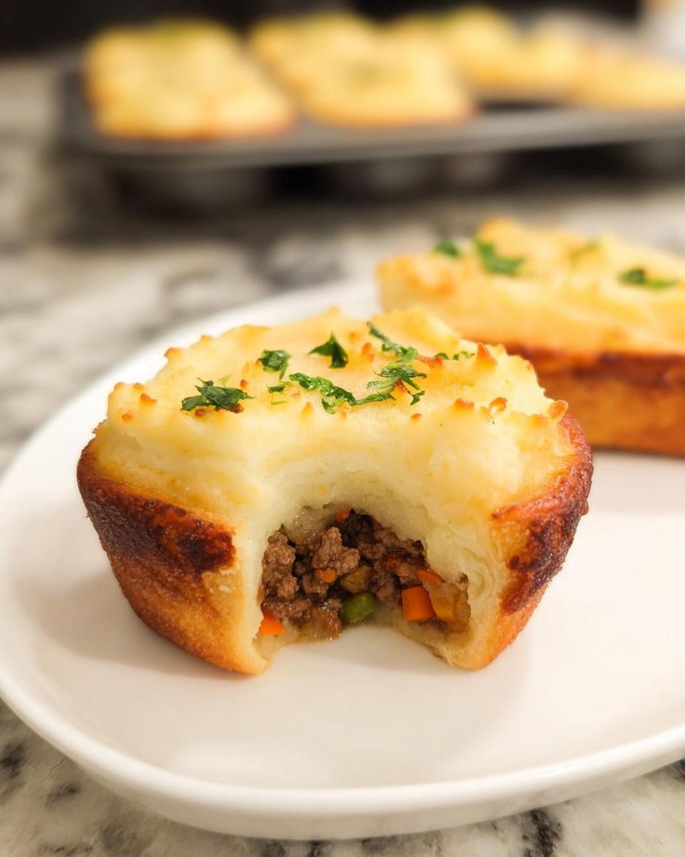 A close-up of a mini shepherd's pie with a bite taken out, showing the savory meat and vegetable filling topped with golden mashed potatoes and parsley.