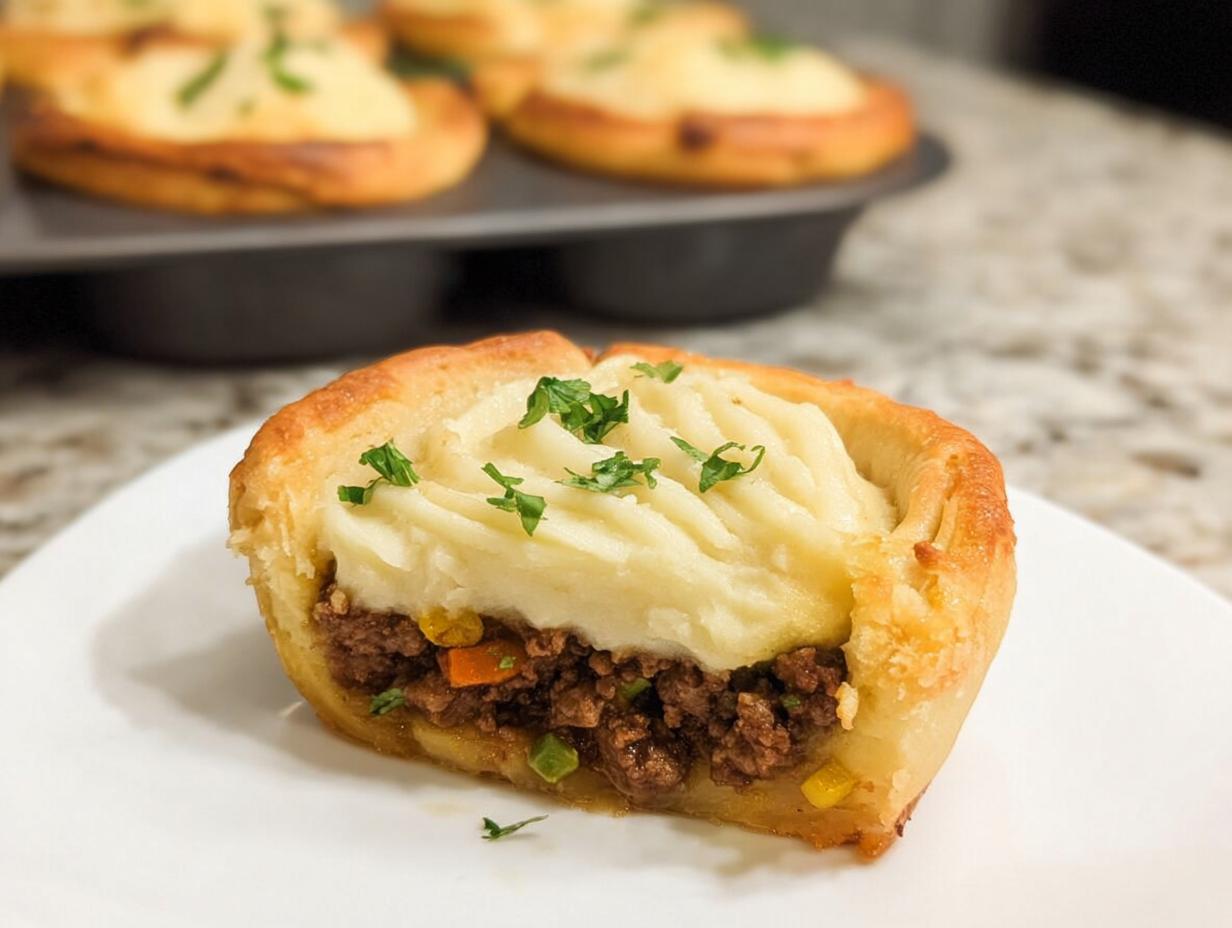 Close-up of a single Mini Shepherd's Pie, showing the savory meat and vegetable filling topped with creamy mashed potatoes and fresh parsley.