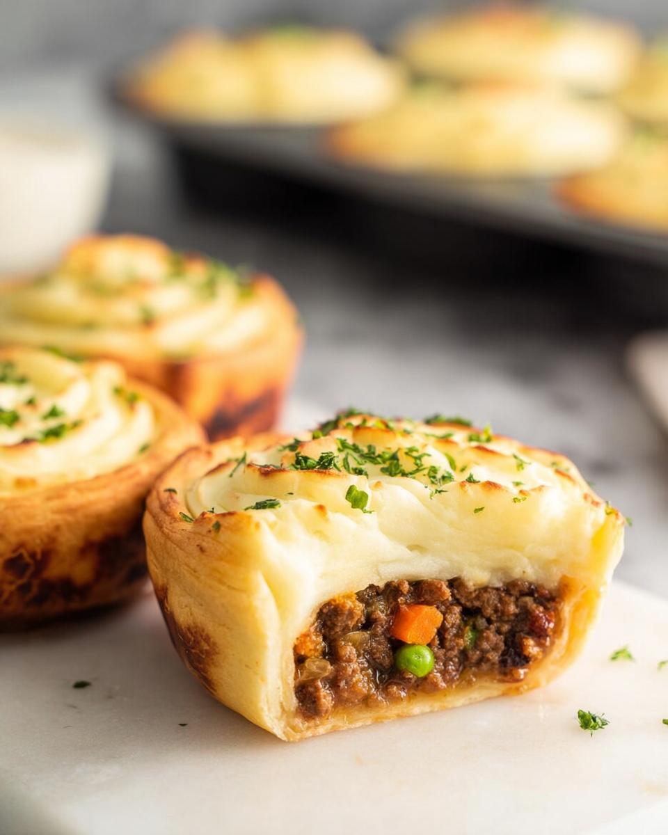 A close-up of a Mini Shepherd's Pie with a bite taken out, showing the savory meat and vegetable filling and fluffy mashed potato topping.