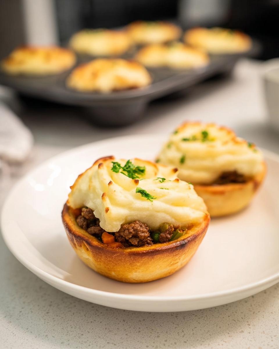 Two individual Mini Shepherd's Pies on a white plate, topped with piped mashed potatoes and parsley.