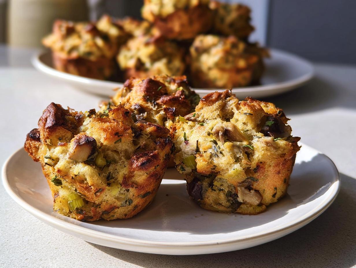 Close-up of two golden-brown Mini Stuffing Cups on a white plate, filled with bread cubes, celery, mushrooms, and herbs.