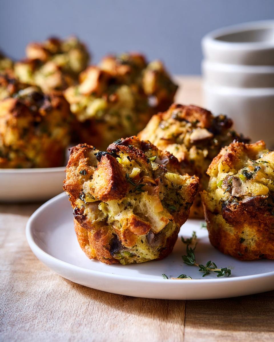 Close-up of golden-brown Mini Stuffing Cups filled with bread cubes, herbs, and mushrooms on a white plate.