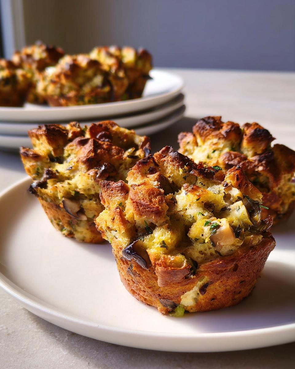 Close-up of golden brown Mini Stuffing Cups filled with bread, mushrooms, and herbs on a white plate.