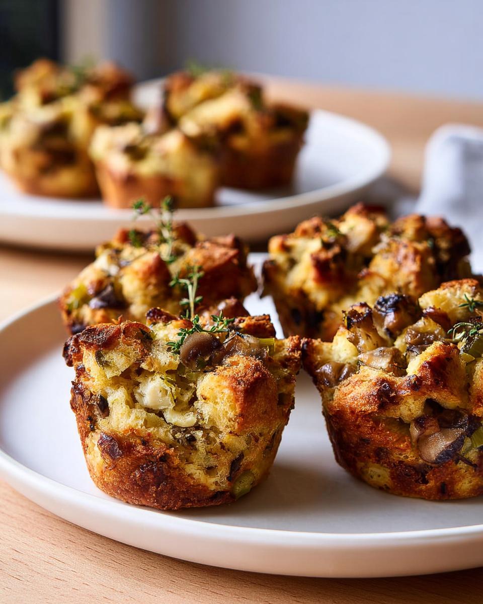 Close-up of delicious mini stuffing cups filled with mushrooms, leeks, and herbs, garnished with thyme.