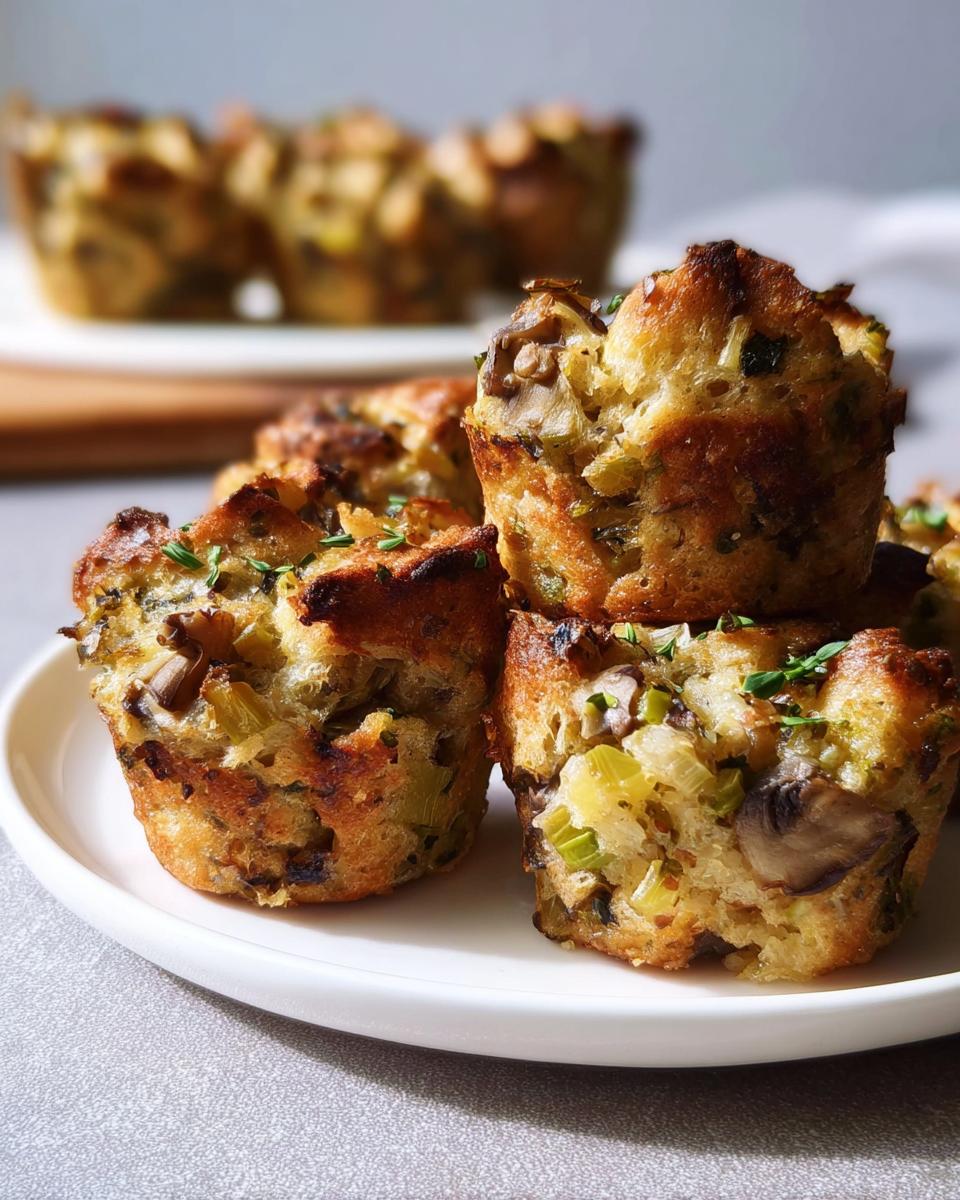 Close-up of golden-brown Mini Stuffing Cups filled with mushrooms, celery, and herbs, garnished with fresh thyme.