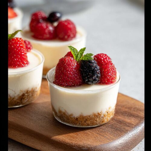 Close-up of a no-bake cheesecake cup topped with fresh raspberries, a blackberry, and mint leaves.