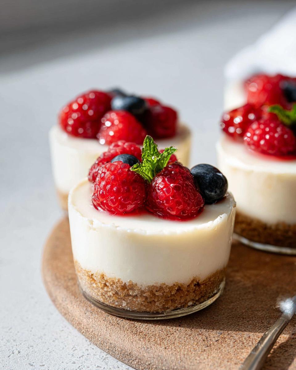 Close-up of a creamy no-bake cheesecake cup topped with fresh raspberries, blueberries, and a mint leaf.
