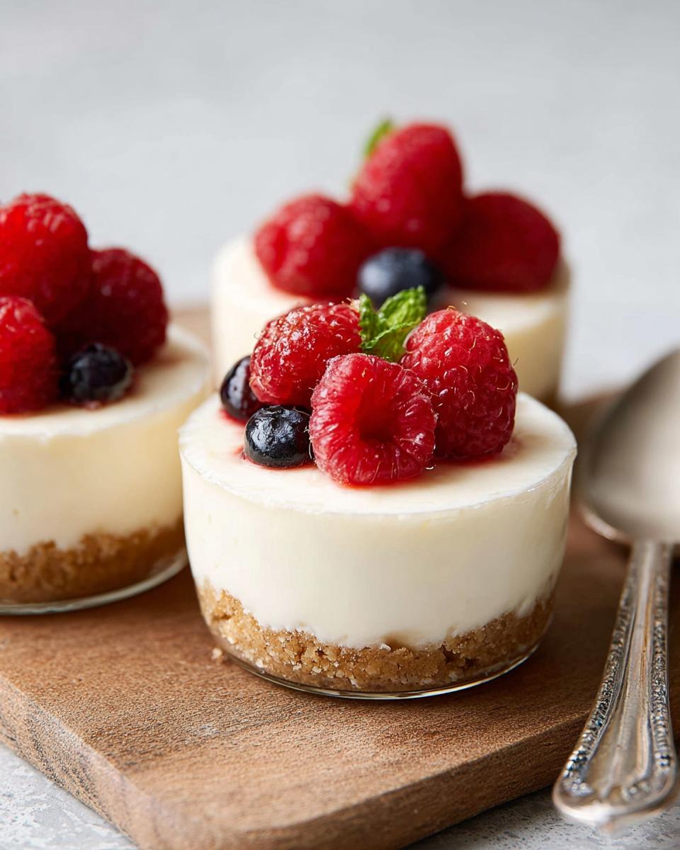 Close-up of creamy no-bake cheesecake cups topped with fresh raspberries, blueberries, and mint leaves.