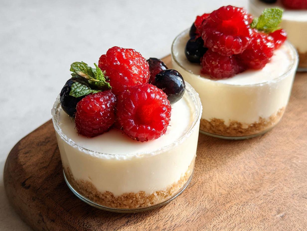 Close-up of two no-bake cheesecake cups topped with fresh raspberries, blueberries, and mint leaves.
