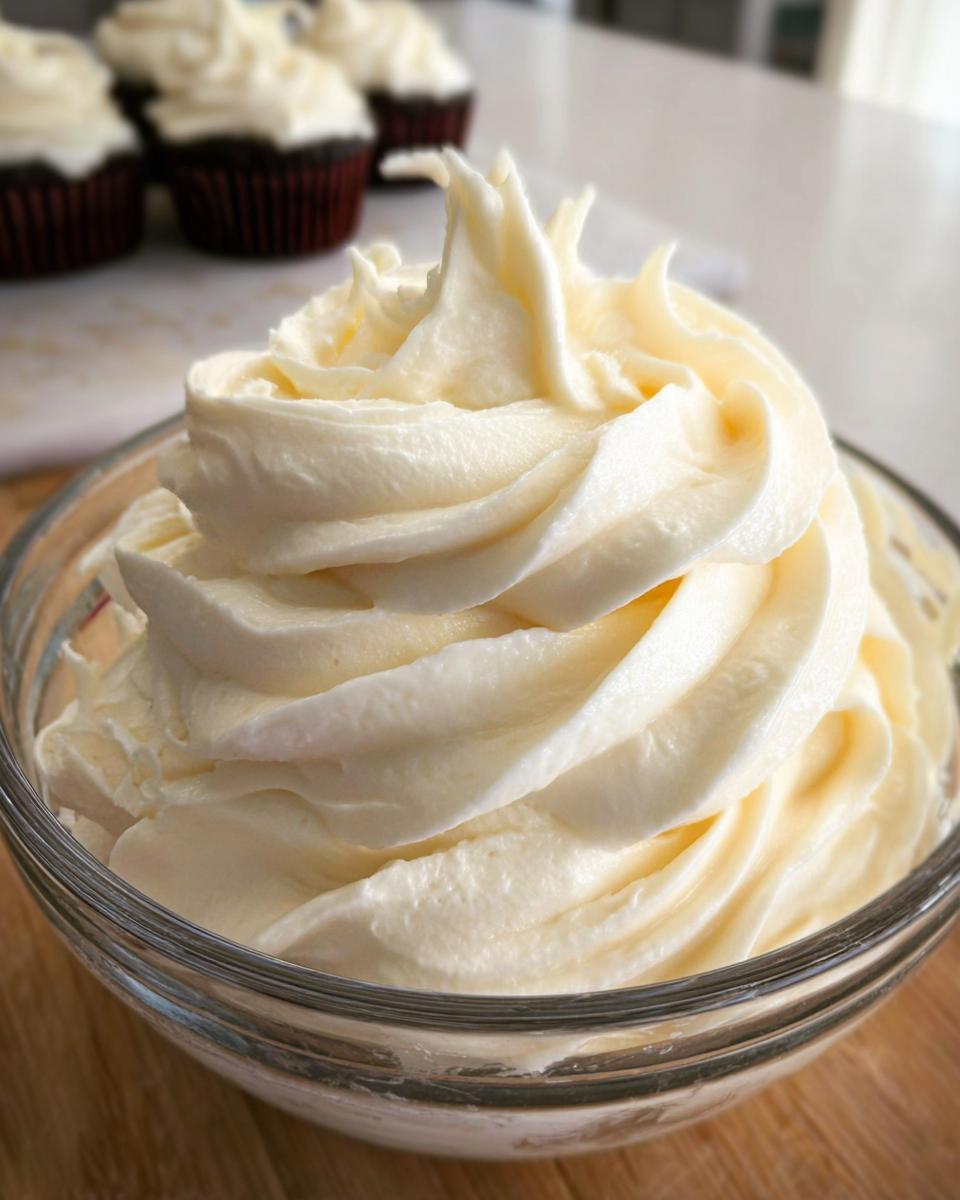A bowl filled with fluffy, swirled No-Fridge Buttercream Frosting, with cupcakes in the background.