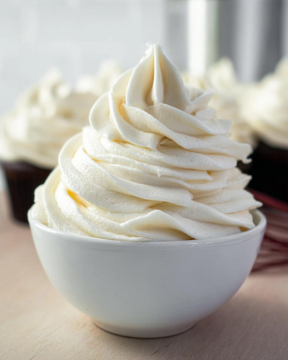 A close-up of fluffy No-Fridge Buttercream Frosting swirled high in a white bowl, with cupcakes in the background.