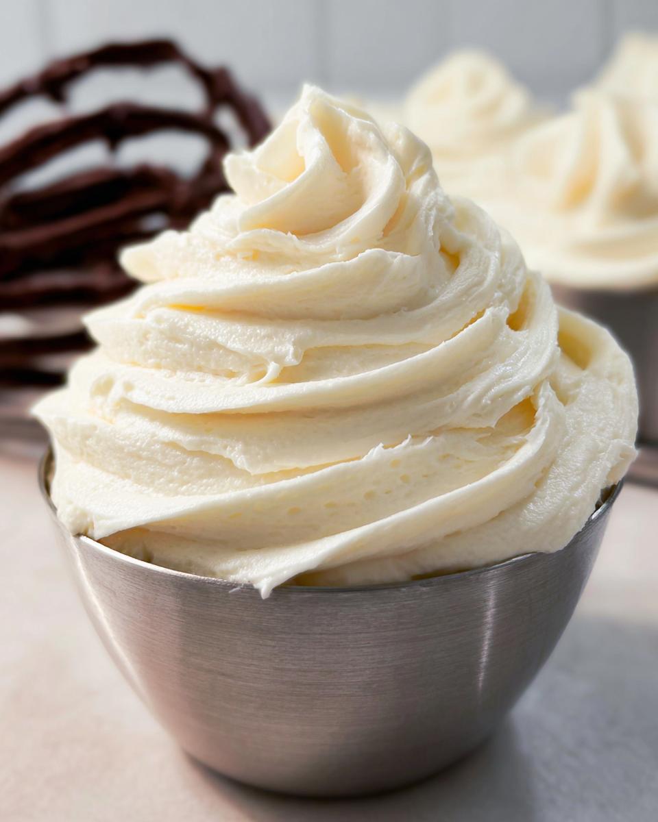 A swirl of creamy, soft No-Fridge Buttercream Frosting in a silver bowl, with chocolate cookies blurred in the background.