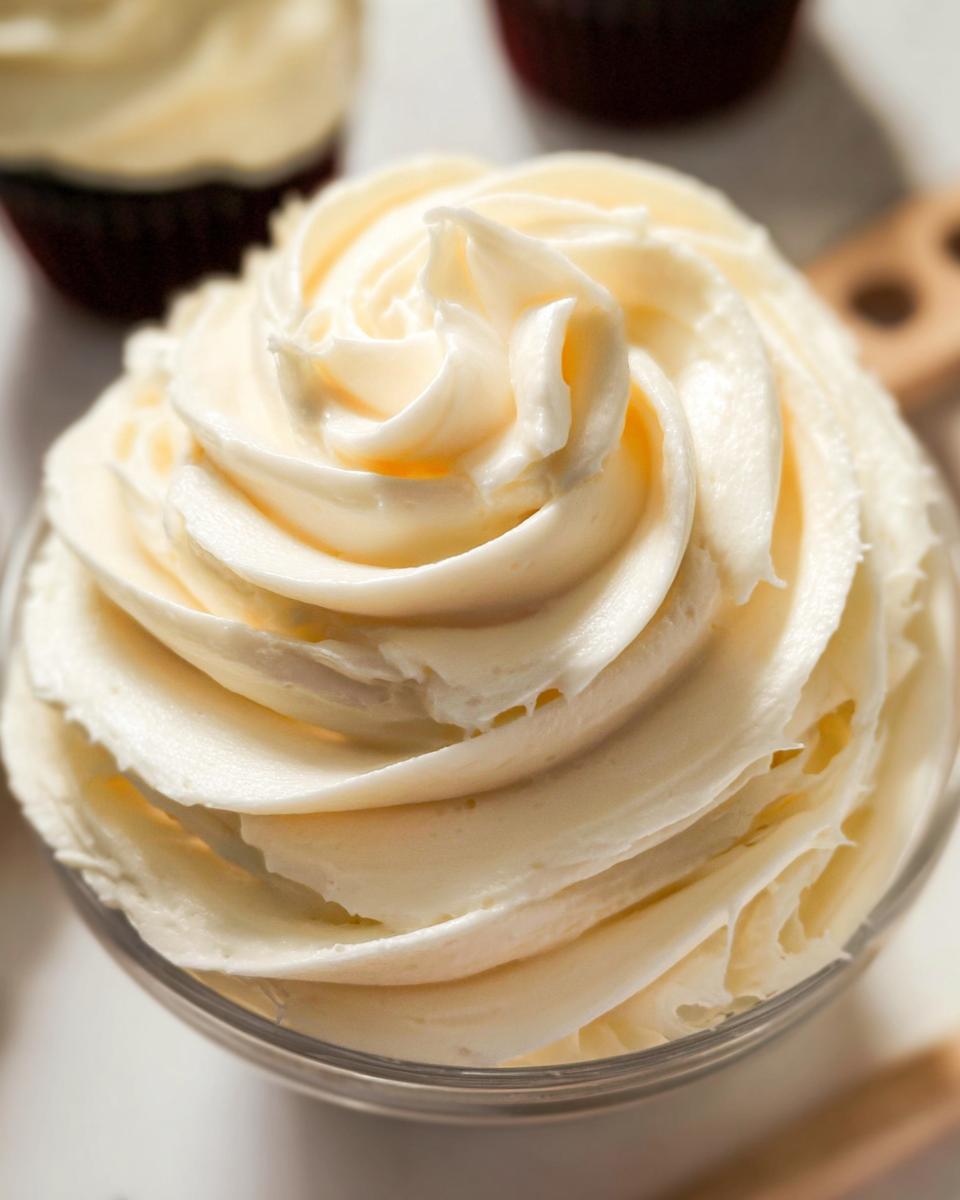Close-up of a swirl of creamy, soft No-Fridge Buttercream Frosting in a glass bowl.