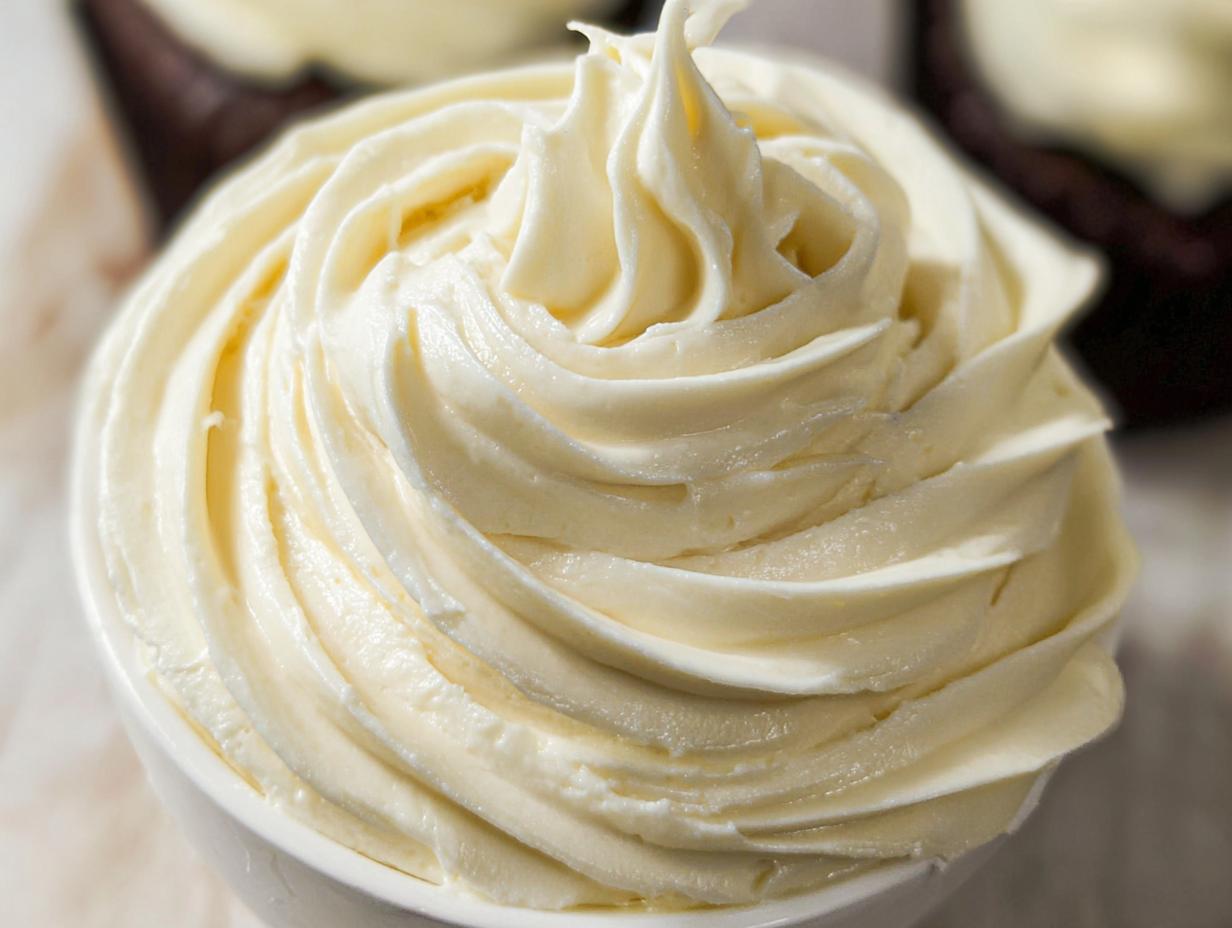 Close-up of a swirl of creamy No-Fridge Buttercream Frosting in a white bowl, with a hint of a dark cupcake in the background.