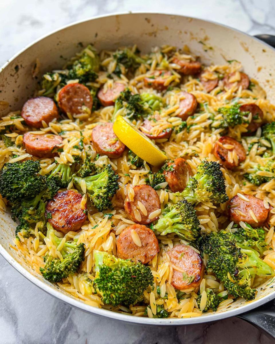 A close-up of a one-pan lemon garlic orzo with sausage and broccoli, garnished with a lemon wedge.