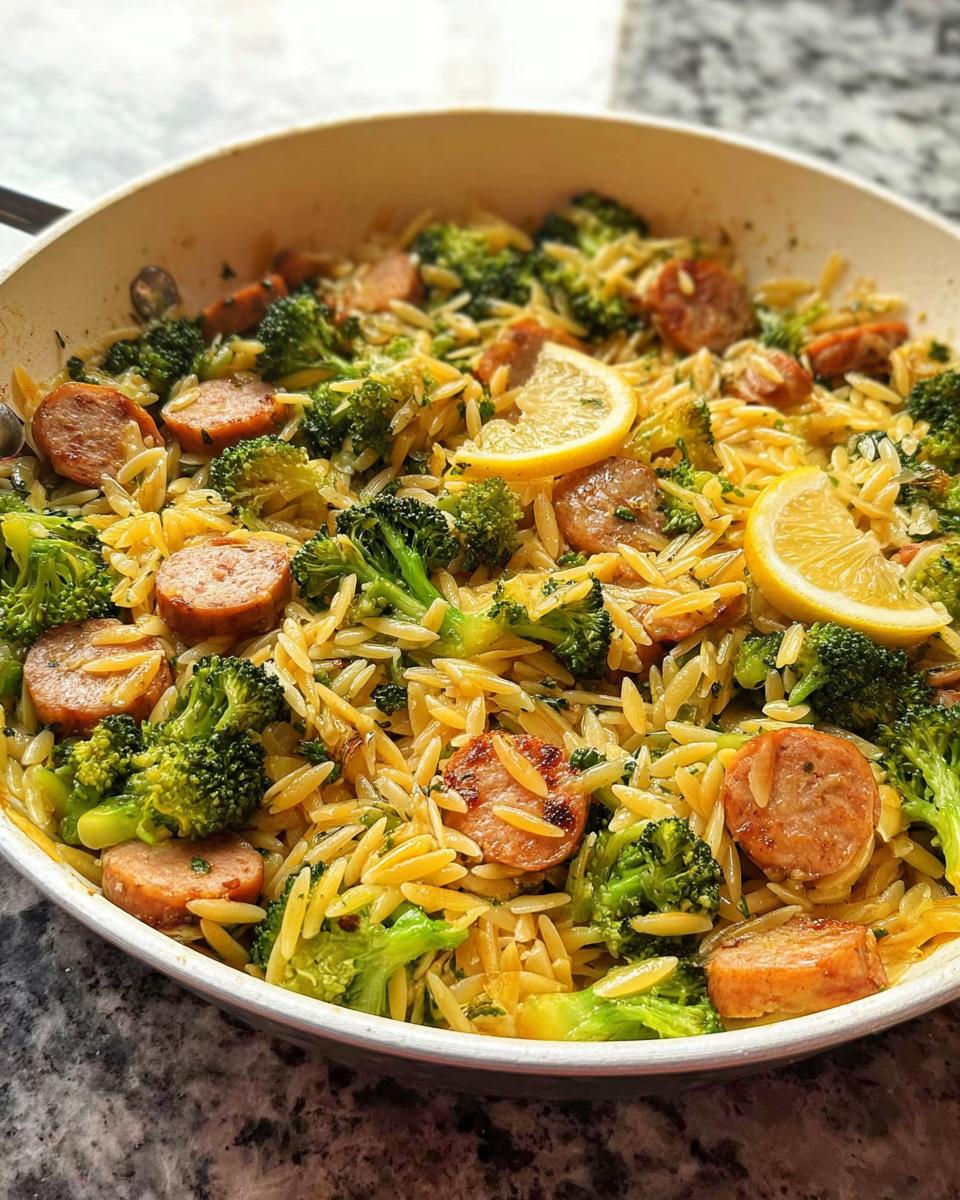 Close-up of One-Pan Lemon Garlic Orzo with Sausage and broccoli, garnished with lemon slices.