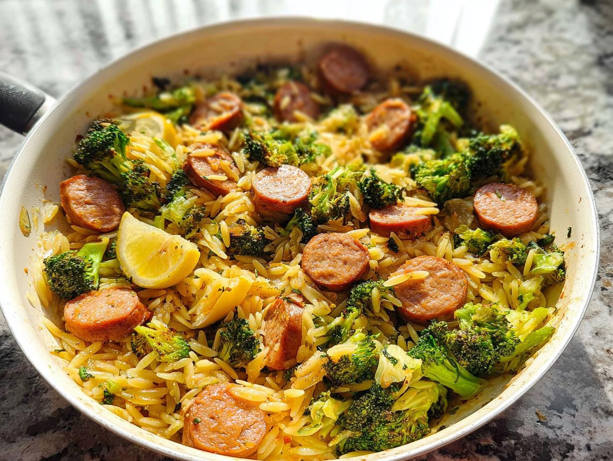 A close-up of a one-pan lemon garlic orzo with sausage and broccoli, garnished with lemon wedges.