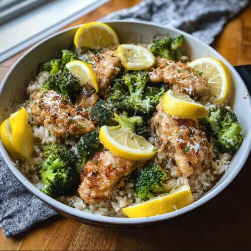 A close-up overhead view of a one-pot lemon chicken rice dish with broccoli florets and lemon wedges.