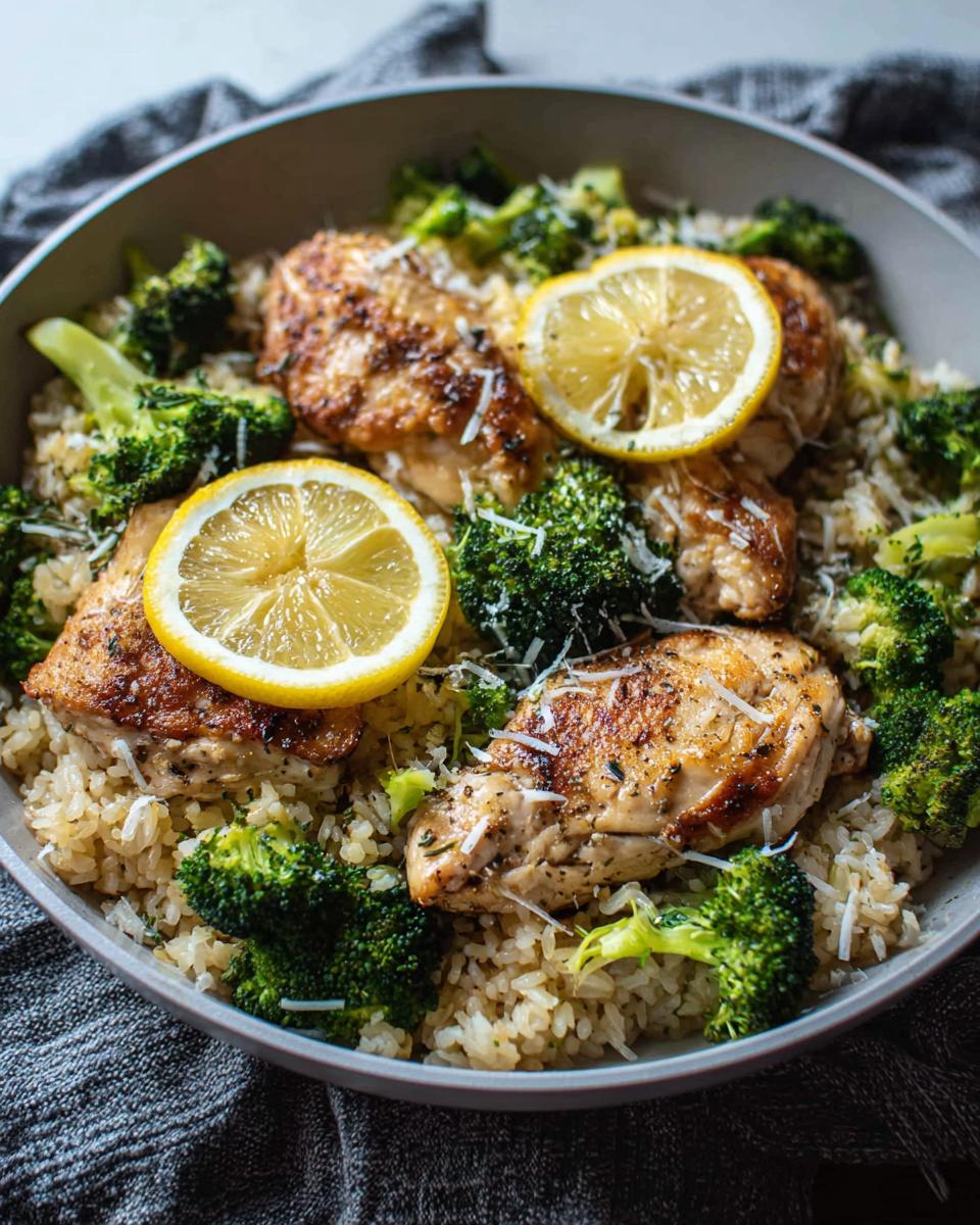 A bowl of One-Pot Lemon Chicken Rice with Broccoli, topped with grilled chicken, lemon slices, and grated cheese.