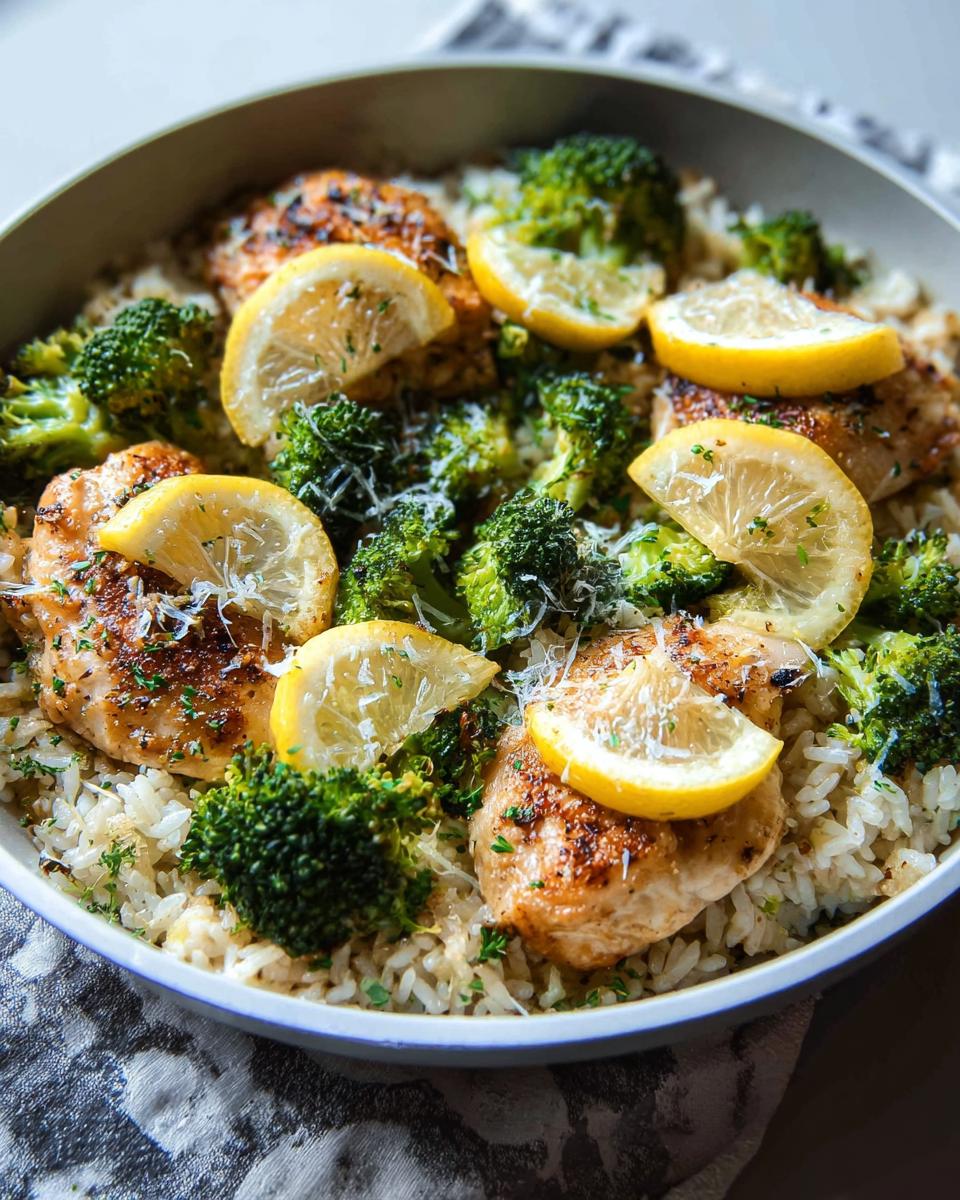A close-up of One-Pot Lemon Chicken Rice with Broccoli, featuring tender chicken, fluffy rice, and vibrant broccoli florets, garnished with lemon slices and parsley.
