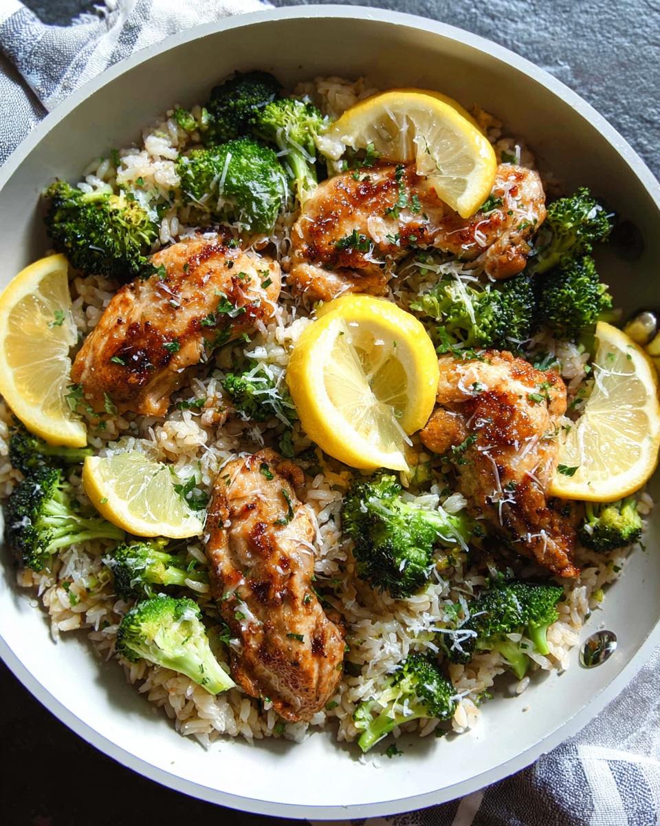A close-up overhead view of a one-pot lemon chicken rice with broccoli dish, garnished with lemon slices and parsley.
