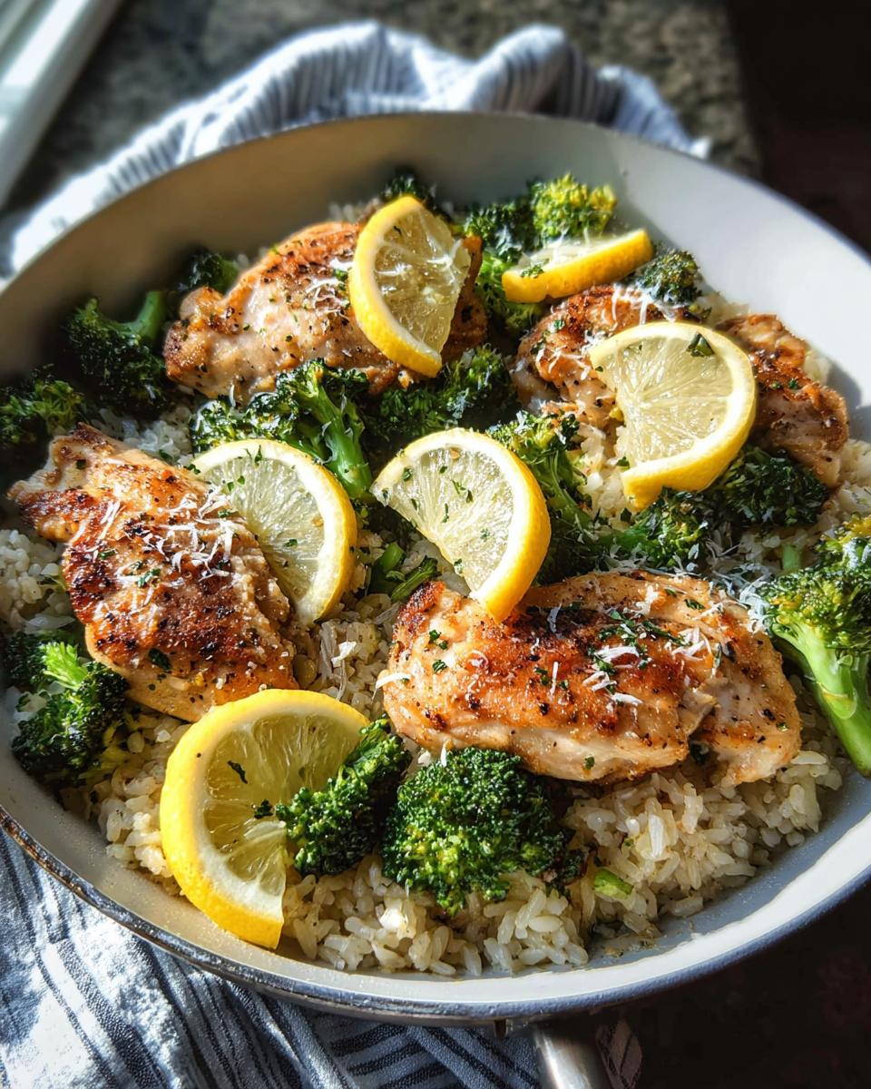 A close-up of a one-pot lemon chicken rice with broccoli dish, featuring tender chicken pieces, fluffy rice, and vibrant broccoli florets, garnished with lemon slices and parsley.
