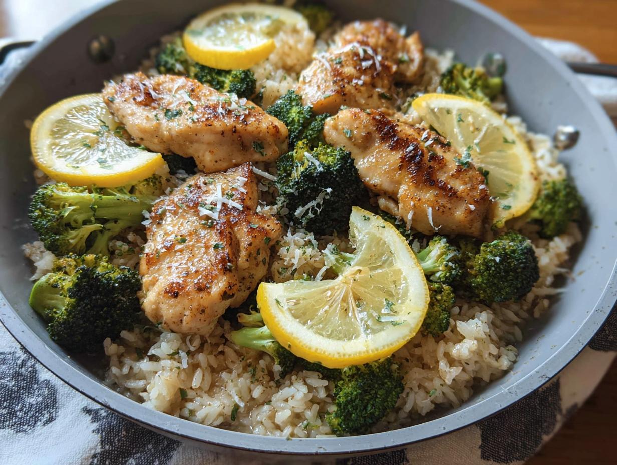 A close-up of a one-pot lemon chicken rice with broccoli dish, featuring golden-brown chicken pieces, vibrant broccoli florets, and fluffy rice, garnished with lemon slices and parsley.