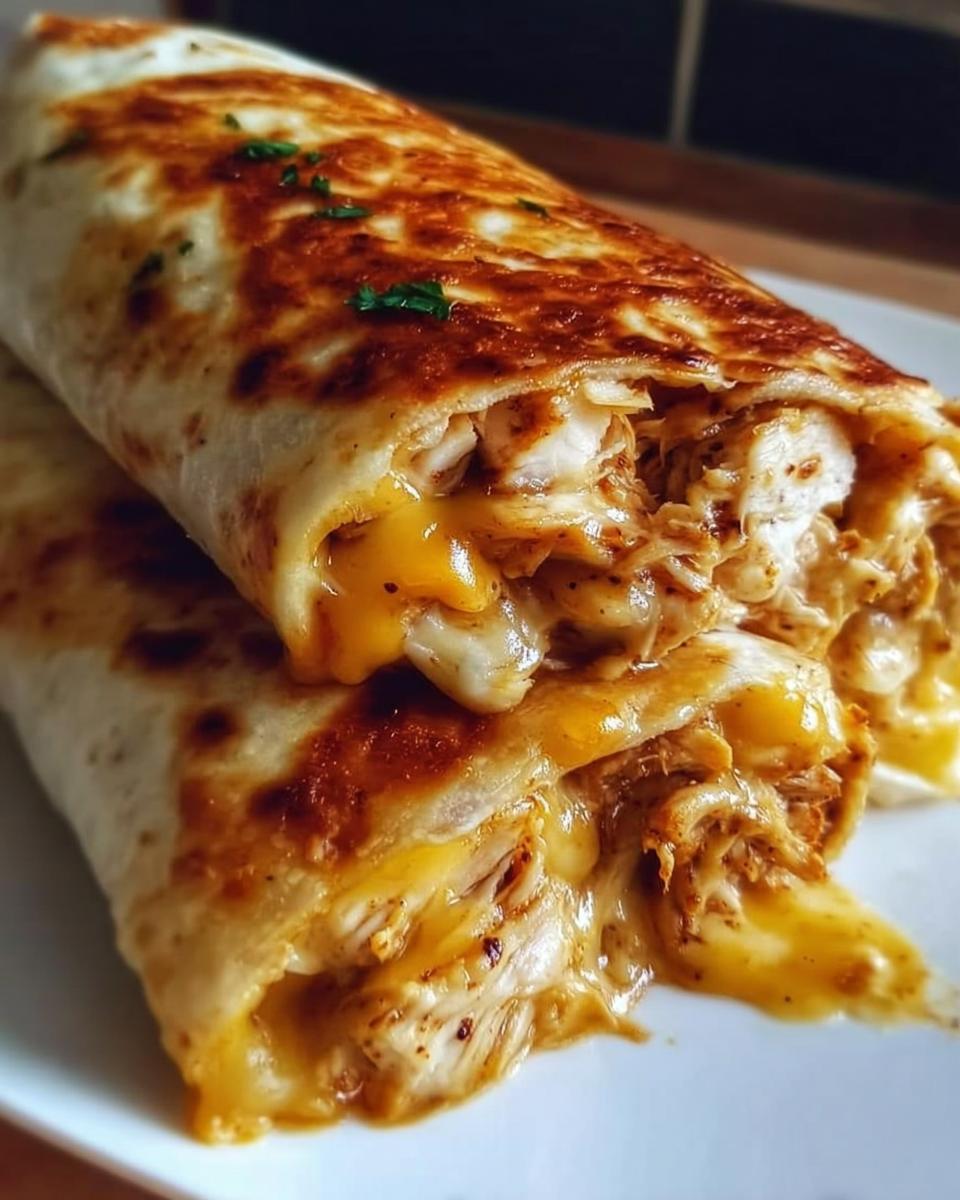 Close-up of two Ooey Gooey BBQ Chicken & Cheese Wraps, showing melted cheese and shredded chicken.