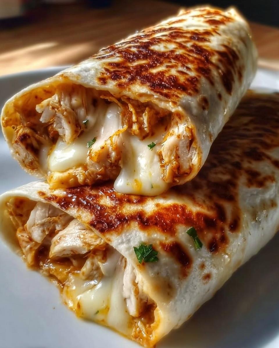 Close-up of two Ooey Gooey BBQ Chicken & Cheese Wraps, with melted cheese oozing out.