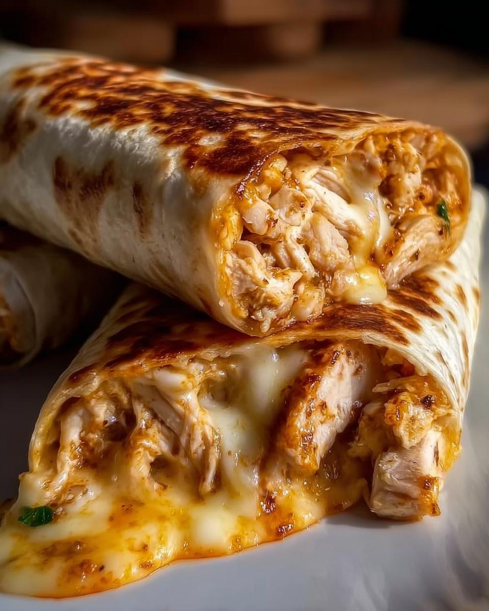 Close-up of Ooey Gooey BBQ Chicken & Cheese Wraps, showing shredded chicken and melted cheese spilling out.