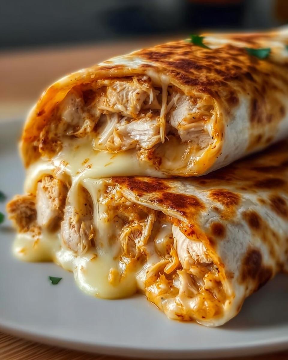 Close-up of Ooey Gooey BBQ Chicken & Cheese Wraps with melted cheese oozing out.