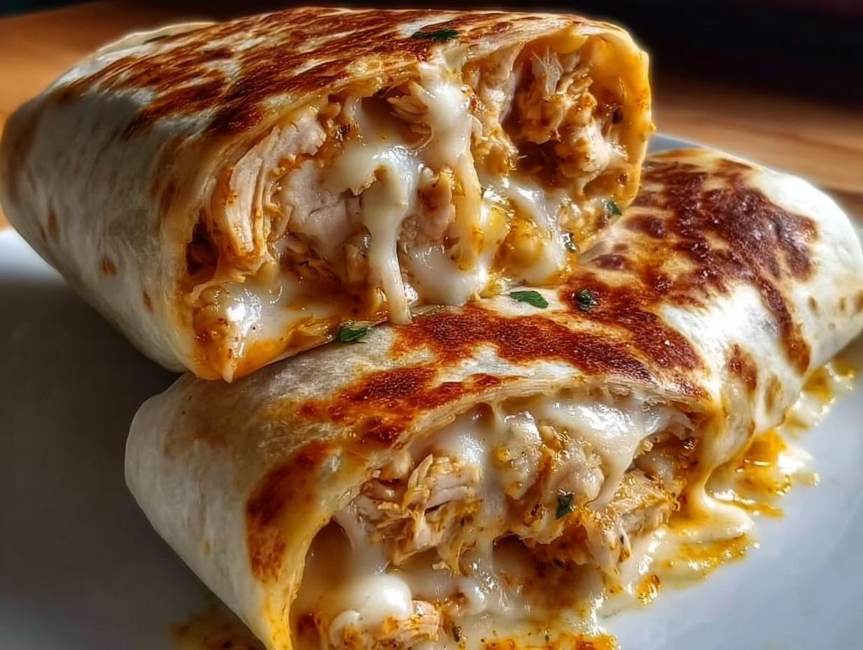Close-up of Ooey Gooey BBQ Chicken & Cheese Wraps, cut in half, with melted cheese oozing out.