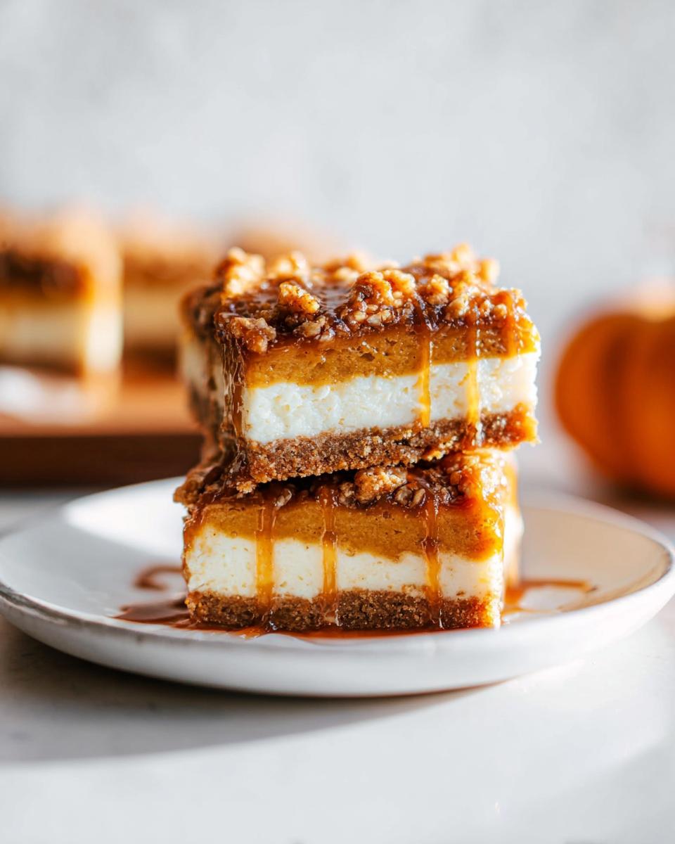 Stack of two creamy Pumpkin Cheesecake Bars drizzled with caramel and topped with crunchy nuts.