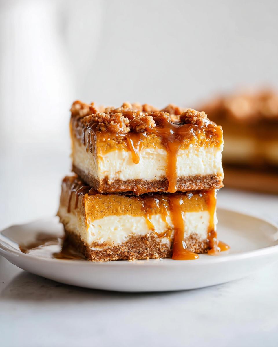 Two stacked Pumpkin Cheesecake Bars drizzled with caramel sauce and topped with crumble.