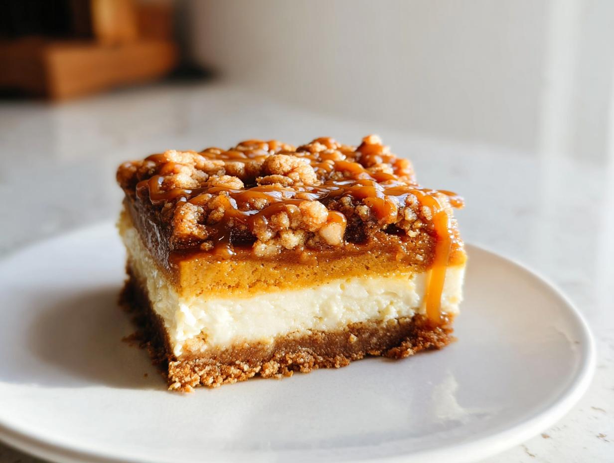 A single slice of Pumpkin Cheesecake Bars on a white plate, featuring a graham cracker crust, creamy cheesecake layer, pumpkin layer, and crumb topping with caramel drizzle.