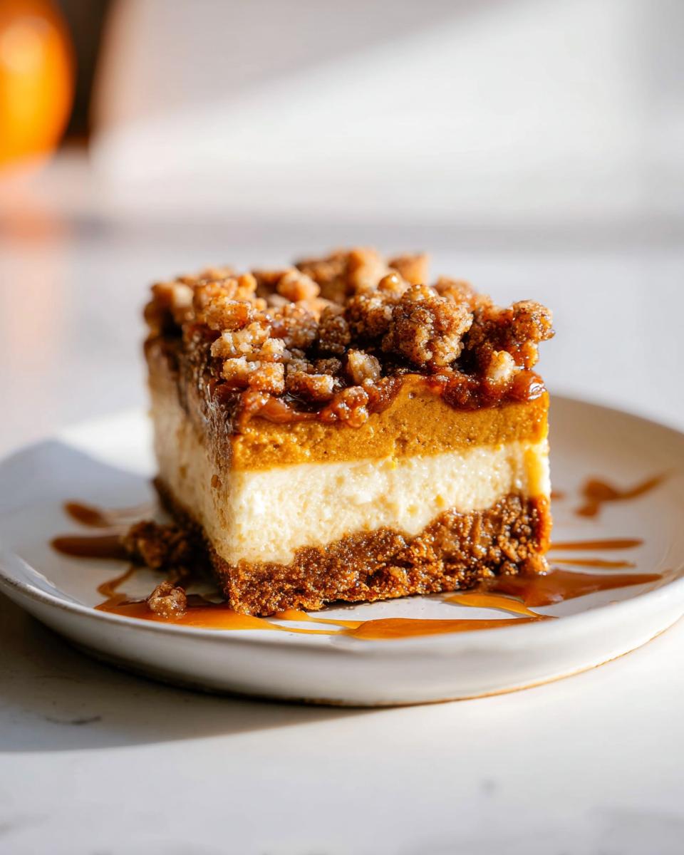 A delicious slice of Pumpkin Cheesecake Bars with a graham cracker crust, creamy cheesecake layer, pumpkin layer, and crumb topping.