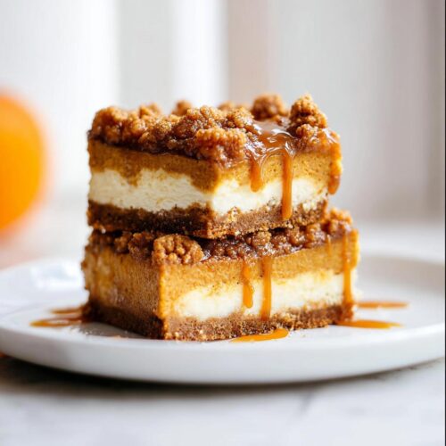 Two creamy Pumpkin Cheesecake Bars stacked on a white plate, drizzled with caramel sauce and topped with crumble.