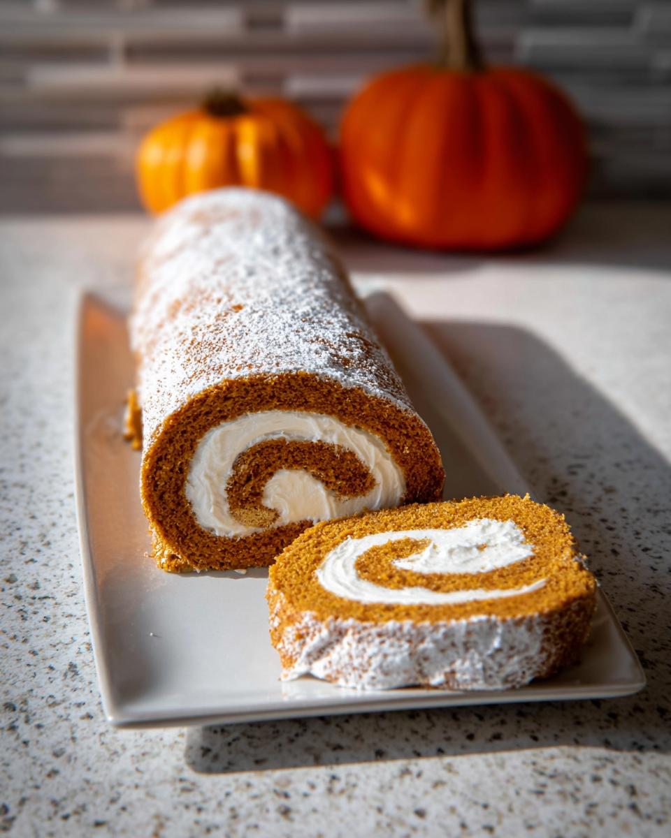 A slice of Pumpkin Roll with Cream Cheese Frosting, dusted with powdered sugar, on a white plate.