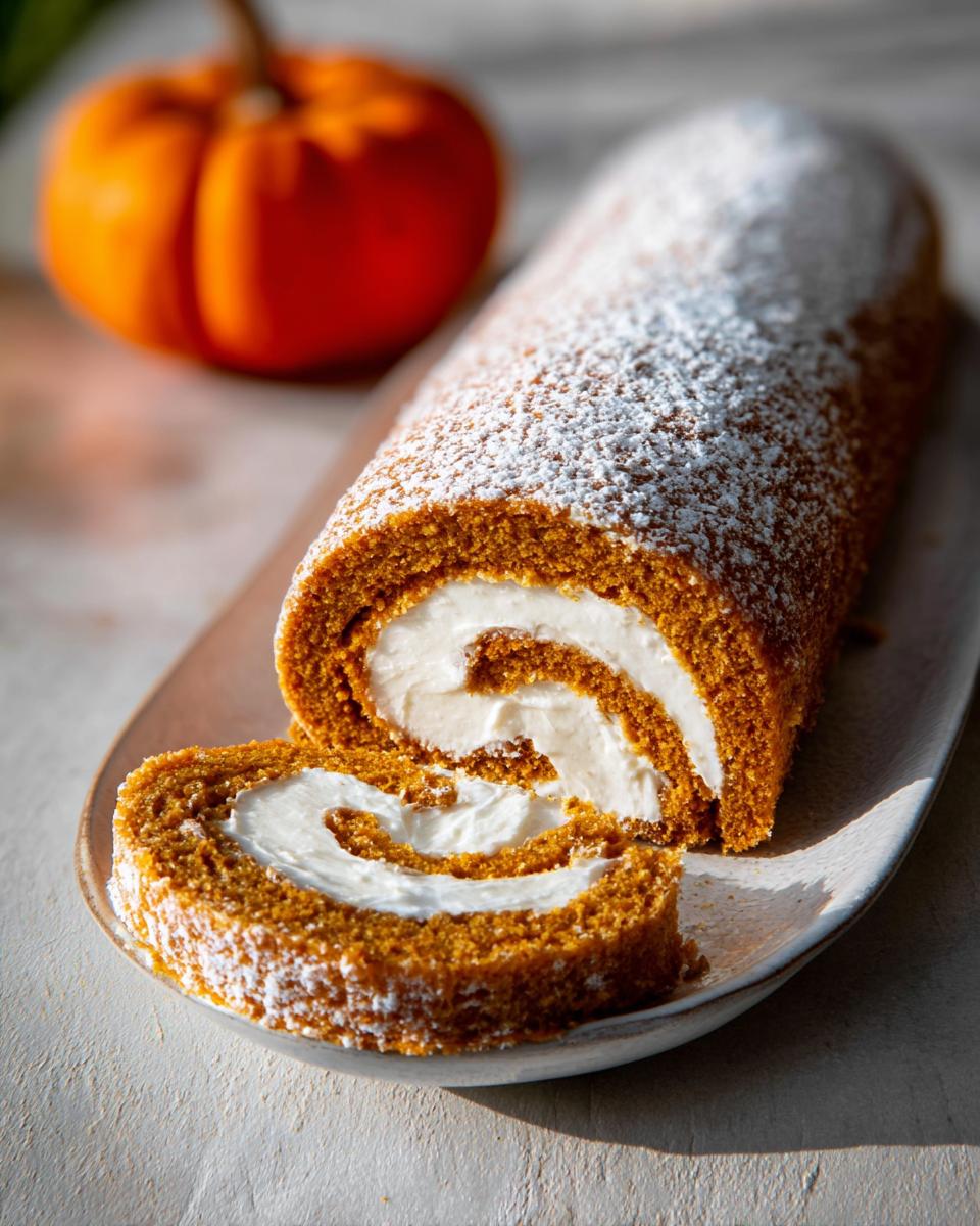 Close-up of a slice of Pumpkin Roll with Cream Cheese Frosting, showing the swirl of filling and powdered sugar dusting.