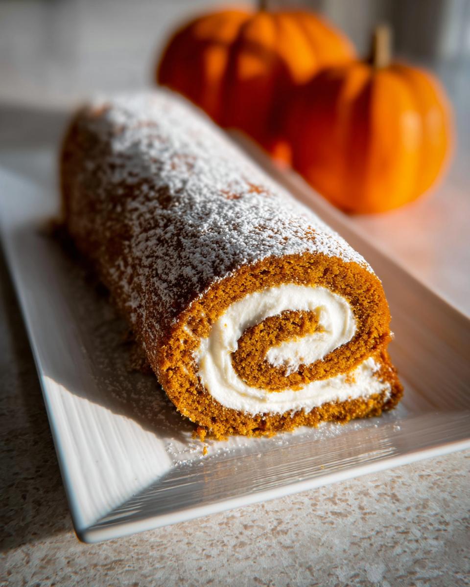A slice of Pumpkin Roll with Cream Cheese Frosting, dusted with powdered sugar, on a white plate. Two pumpkins are blurred in the background.